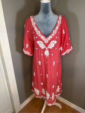 Ruby Yaya Peachy Melon Embroidered V-Neck Boho Dress Size S
